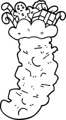line drawing cartoon christmas stocking stuffed with toys