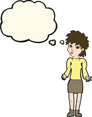 cartoon woman shrugging shoulders with thought bubble