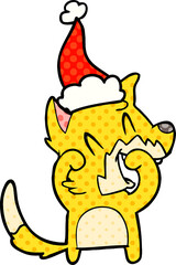 laughing fox comic book style illustration of a wearing santa hat