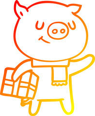 warm gradient line drawing happy cartoon pig with christmas present