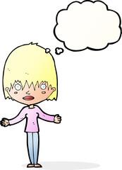 cartoon woman shrugging shoulders with thought bubble