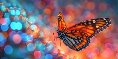 Butterfly Flying Over Colorful Patterns! Created by Generative AI - Graceful and Beautiful - Soft Natural Light