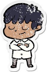 distressed sticker of a cartoon happy boy