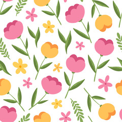 Vector seamless pattern with colourful flowers and greens on white background, cute spring background for fabrics, wrapping paper, gift paper.