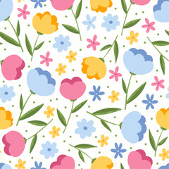 Vector seamless pattern with colourful flowers and greens on white background, cute spring background for fabrics, wrapping paper, gift paper.