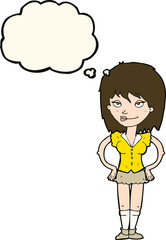 cartoon woman with hands on hips with thought bubble