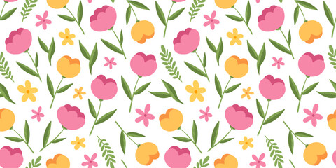 seamless pattern with yellow, pink flowers and green leaves on white background, perfect for wrapping paper, gifts, cards. Hand drawn spring textile design