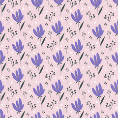 seamless floral pattern with purple flowers on pink background, spring and summer design for wrapping paper, gifts, cards.