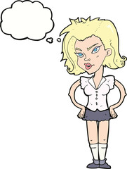 cartoon woman with hands on hips with thought bubble