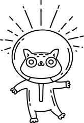 traditional black line work tattoo style cat in astronaut suit