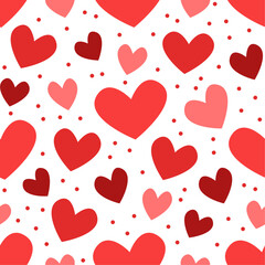 Vector pattern with cute red hearts and polka dots on white background. Cute simple pattern on white background.