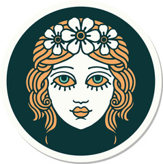 tattoo style sticker of female face with crown of flowers