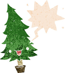 cute cartoon christmas tree and speech bubble in retro textured style