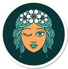 tattoo style sticker of a maidens face winking