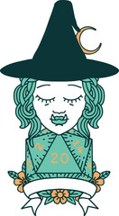 half orc witch character with natural 20 dice roll illustration