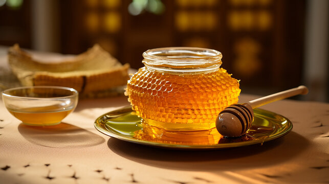 "Golden Elixir - Pure Honey on Honeycomb in a Glass Bowl"

