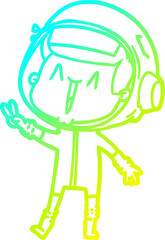 cold gradient line drawing happy cartoon astronaut giving peace sign