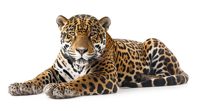 A captivating image of a jaguar in a relaxed position, showcasing its powerful build and intricate spots against a white background