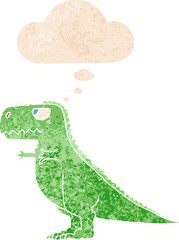 cartoon dinosaur and thought bubble in retro textured style