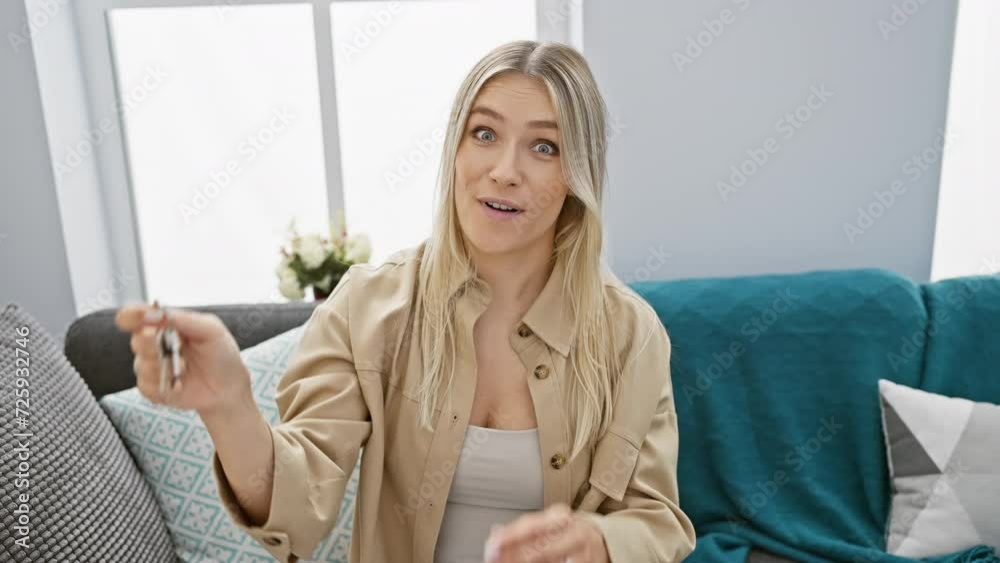 Poster young blonde woman holding keys sitting on sofa scared and amazed with open mouth for surprise, disb