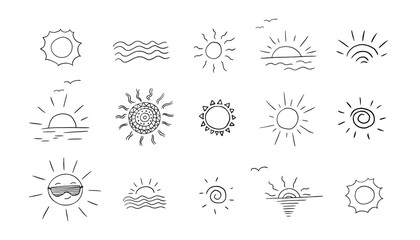 Big set of suns in doodle style. Sun in sunglasses,  sunset, sun rays, sunshine, waves. Summer time. Hand drawn vector illustration. Great for prints, poster, banner and professional design