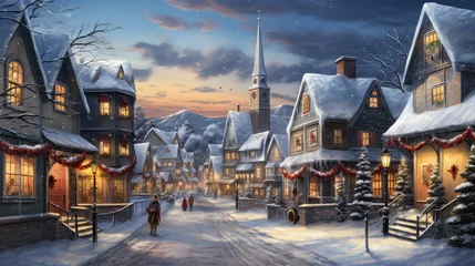 Zelfklevend Fotobehang Picturesque snowy village square © Mehran