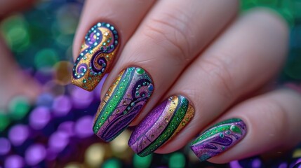 A close-up photo of a hand with Mardi Gras nail art, intricate designs in purple, green, and gold,...