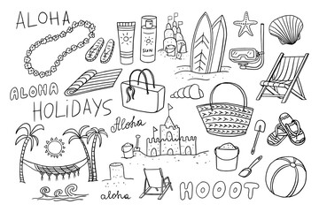 Big set of summer time theme elements in doodle style. Sunglasses, sand castles, sunset, palm trees, beach bag. Travel design. Adventure. Hand drawn vector illustration. Great for poster, banner