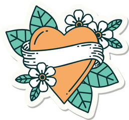 tattoo style sticker of a heart and banner