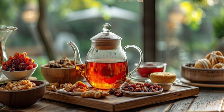 Charming Tea Set Awaits on the Table! Curvy Armudu Glass with Fragrant Tea - Delightful Spread of Jams, Sweets, and Nuts with Raisins - Soft Natural Light 