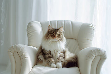 Beautiful cat sits on the sofa. Minimalistic pets style isolated over light background