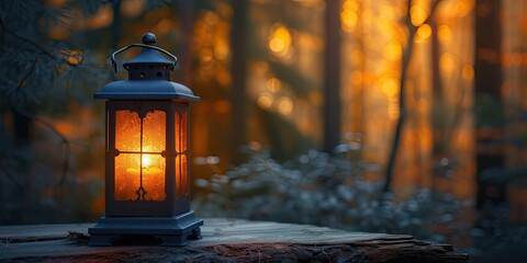 In Heart of Forest, Lantern Proudly Sits on Wooden Table! Gentle Glow Pushes Away Darkness, Revealing Enchanting Surroundings - Soft Natural Light