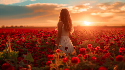 A young woman walking away towards the sunset in a breathtaking field of red flowers