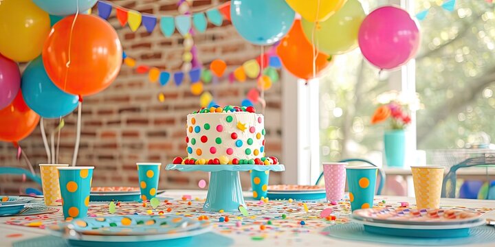 Table Set for Party Delight! Bright Balloons, Colorful Plates, and Confetti Galore - Streamers Dance, Cake Stands Proud - Cups Wait for Cheers - Soft Natural Light