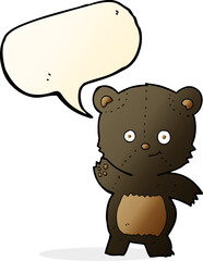 cartoon waving black bear with speech bubble