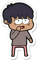 sticker of a cartoon exhausted boy
