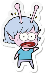 sticker of a cartoon shocked alien girl