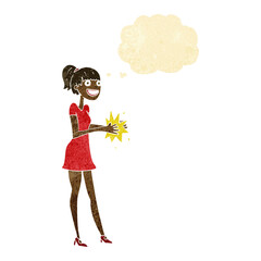 cartoon woman clapping hands with thought bubble