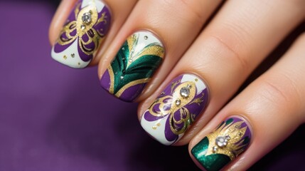 A close-up photo of a hand with Mardi Gras nail art, intricate designs in purple, green, and gold,...