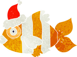 retro cartoon of a exotic fish wearing santa hat