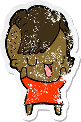 distressed sticker of a cute cartoon girl with hipster haircut