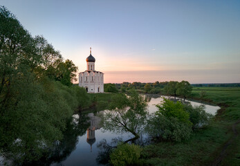 Church of the Intercession on the Nerl. Orthodox church on a spring morning at dawn