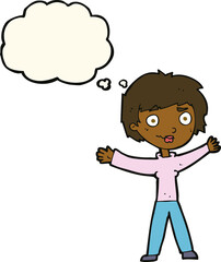 cartoon woman waving arms with thought bubble