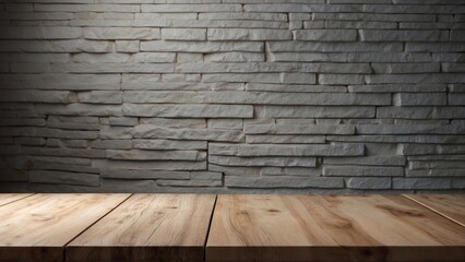wooden table top and white stone bricks wall, copy space for product placement stand, perfect for...
