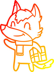 warm gradient line drawing friendly cartoon wolf with present