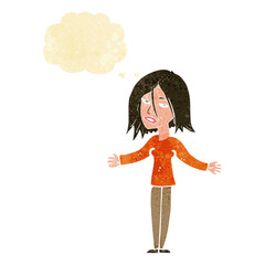 cartoon woman shrugging shoulders with thought bubble