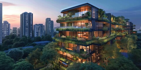 Heart of the City, Green Architectural Marvels Rise! Blending Seamlessly with Skyline - Eco-Conscious Buildings Adorned with Living Walls and Rooftop Gardens - Soft Natural Light