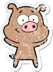 distressed sticker of a happy cartoon pig