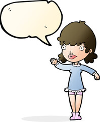 cartoon woman waving with speech bubble