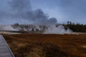 Dramatic View of Yellowstone National Park in the Winter with Some Snowfall